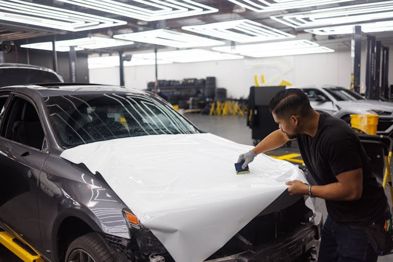 Man applying vinyl wrap on car hood in an automotive workshop setting.